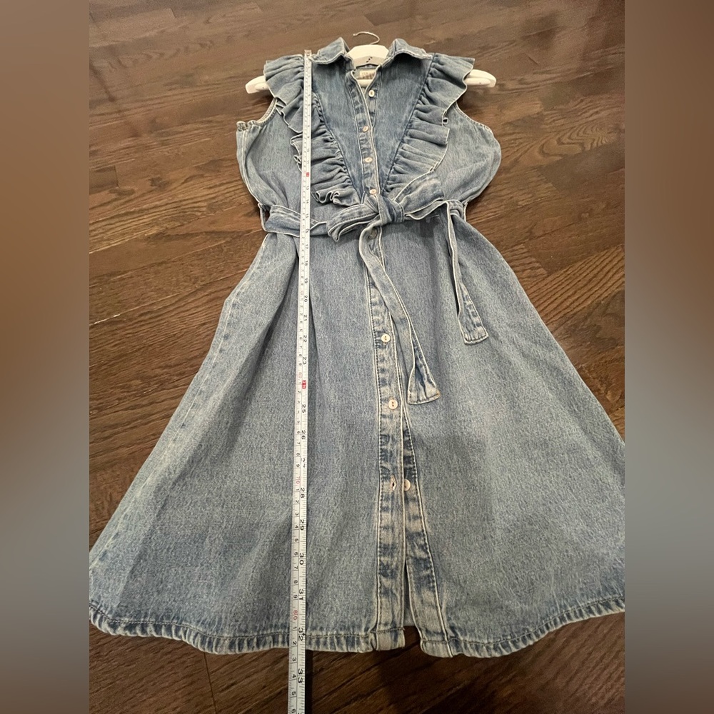Stradivarius Denim Mini Belted shirt dress w/ruffle Boho Retro sz M flutter slee - Picture 6 of 6